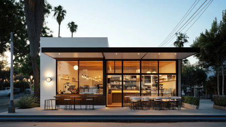 A chic single-story coffee shop exterior with a white tone, modern lighting fixtures, and a sidewalk seating area.の素材