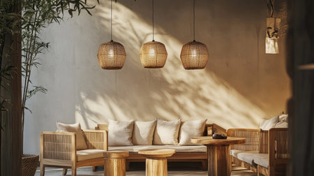 A chic cafe interior with modern wooden furniture, hanging pendant lights, and cozy cushions, softly lit by warm light.の素材