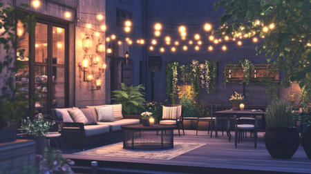 A chic cafe terrace with modern outdoor furniture, softly glowing string lights, and plants creating an inviting ambiance.の素材