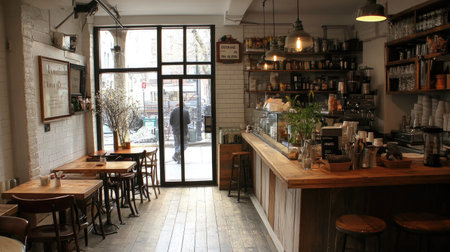 A chic cafe with Scandinavian-style decor, soft lighting, and a blend of wood and metal textures creating a welcoming atmosphere.の素材