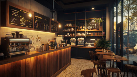 A chic cafe with Scandinavian-style decor, soft lighting, and a blend of wood and metal textures creating a welcoming atmosphere.の素材