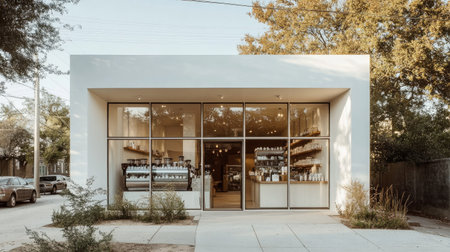 A coffee shop with a pure white exterior, floor-to-ceiling glass windows, and a clean sidewalk leading to the entrance.の素材
