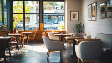 A contemporary restaurant lounge area with comfortable armchairs, sleek tables, and natural light streaming through windows.の素材