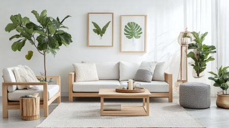 A bright Scandinavian living room with white walls, light wood furniture, and cozy gray textiles, accented by green plants and soft natural light.の素材