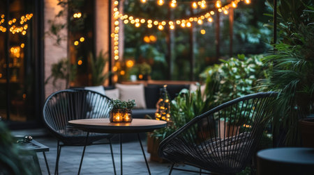 A chic cafe terrace with modern outdoor furniture, softly glowing string lights, and plants creating an inviting ambiance.の素材