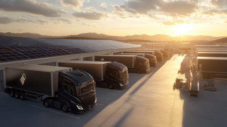 Electric trucks lined up in a warehouse yard with solar panels visible on the roof, symbolizing sustainable logistics.の素材