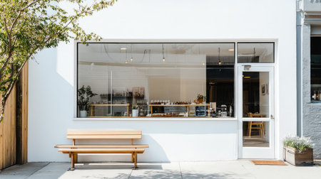 A bright, minimalist coffee shop exterior with a clean white wall, large glass panels, and a wooden bench outside.の素材