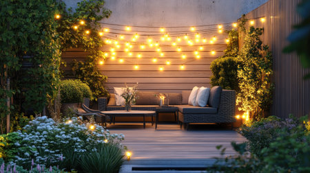 A chic cafe terrace with modern outdoor furniture, softly glowing string lights, and plants creating an inviting ambiance.の素材