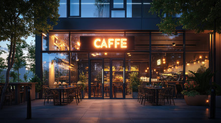 A chic cafe exterior at twilight, with glowing signage and warm light spilling through large glass windows.の素材