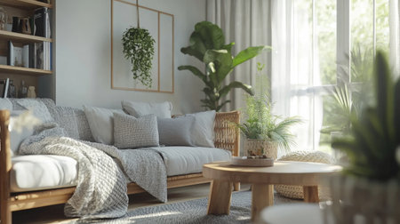 A bright Scandinavian living room with white walls, light wood furniture, and cozy gray textiles, accented by green plants and soft natural light.の素材