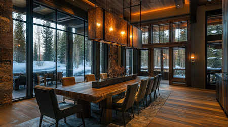 A contemporary dining area featuring a mix of wood and metal textures, large windows, and modern chandeliers.の素材
