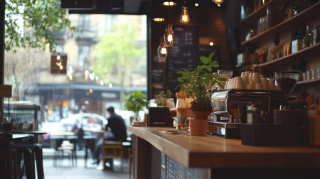 A chic cafe with Scandinavian-style decor, soft lighting, and a blend of wood and metal textures creating a welcoming atmosphere.の素材