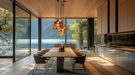 A contemporary dining area featuring a mix of wood and metal textures, large windows, and modern chandeliers.の素材