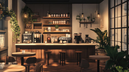 A chic cafe with Scandinavian-style decor, soft lighting, and a blend of wood and metal textures creating a welcoming atmosphere.の素材