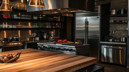 A luxury kitchen with a professional-grade gas range, double-door fridge, and a large butcher block island. Pendant lights and open shelving add style.の素材