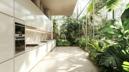 A bright luxury kitchen with an all-white design, featuring floor-to-ceiling glass walls overlooking a lush garden, and a double oven built into a custom cabinet wall.の素材