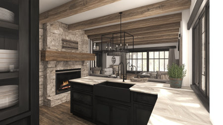 A rustic luxury kitchen combining reclaimed wood beams, a stone fireplace, and matte black fixtures. A farmhouse sink and modern appliances complete the look.の素材