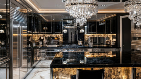 A glamorous luxury kitchen with mirrored cabinetry, a crystal chandelier, and a gold-veined black marble island. Polished surfaces enhance the sense of opulence.の素材