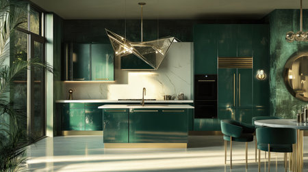 A luxury kitchen with a bold color scheme: emerald green cabinets, gold accents, and a white quartz countertop. A unique geometric light fixture adds a modern touch.の素材