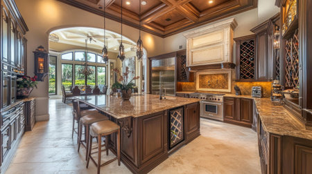 A high-end luxury kitchen featuring dual islands, one for food prep and another for dining, with hanging pendant lights. Built-in wine storage is elegantly displayed.の素材