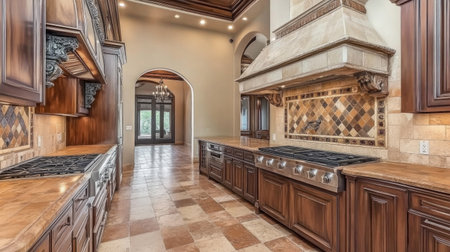 A luxury kitchen with a Mediterranean design: arched doorways, terracotta floors, and custom tile detailing on the backsplash and range hood.の素材