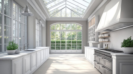 A luxury kitchen with high ceilings, skylights, and a massive central island with a sink. Sleek white and grey color tones emphasize modern elegance.の素材