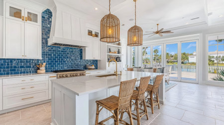 A luxury coastal-style kitchen with white shaker cabinets, a blue-tiled backsplash, and brass hardware. A large island with rattan stools completes the beachy vibe.の素材