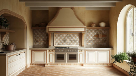 A luxury kitchen with a Mediterranean design: arched doorways, terracotta floors, and custom tile detailing on the backsplash and range hood.の素材
