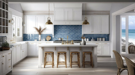 A luxury coastal-style kitchen with white shaker cabinets, a blue-tiled backsplash, and brass hardware. A large island with rattan stools completes the beachy vibe.の素材