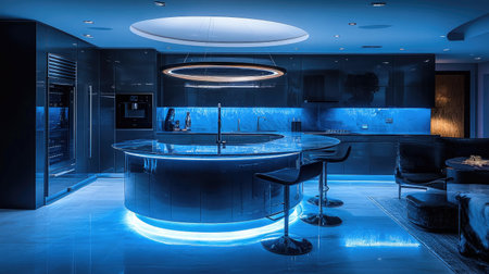 A luxury kitchen with a futuristic vibe: LED accent lighting, seamless glass cabinetry, and a sleek, circular island. A statement light fixture draws the eye.の素材