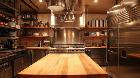 A luxury kitchen with a professional-grade gas range, double-door fridge, and a large butcher block island. Pendant lights and open shelving add style.の素材