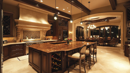 A high-end luxury kitchen featuring dual islands, one for food prep and another for dining, with hanging pendant lights. Built-in wine storage is elegantly displayed.の素材