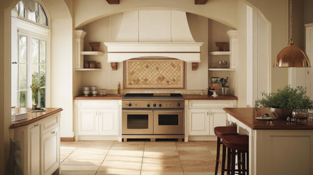 A luxury kitchen with a Mediterranean design: arched doorways, terracotta floors, and custom tile detailing on the backsplash and range hood.の素材