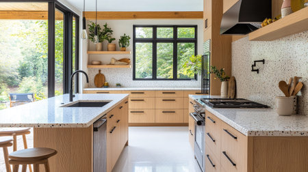 A luxury kitchen with Scandinavian-inspired design: light oak cabinets, a white terrazzo countertop, and sleek black appliances. Minimalistic yet warm and inviting.の素材