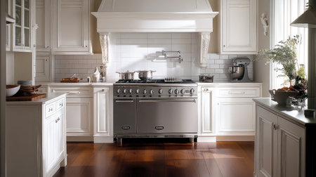 A timeless luxury kitchen with classic white cabinetry, dark wood floors, and a subway tile backsplash. A vintage-inspired range and pot filler add charm.の素材