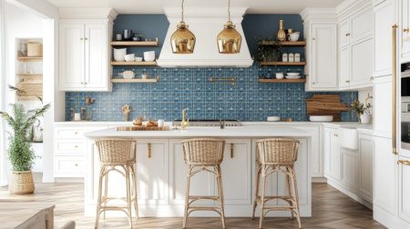 A luxury coastal-style kitchen with white shaker cabinets, a blue-tiled backsplash, and brass hardware. A large island with rattan stools completes the beachy vibe.の素材