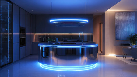 A luxury kitchen with a futuristic vibe: LED accent lighting, seamless glass cabinetry, and a sleek, circular island. A statement light fixture draws the eye.の素材