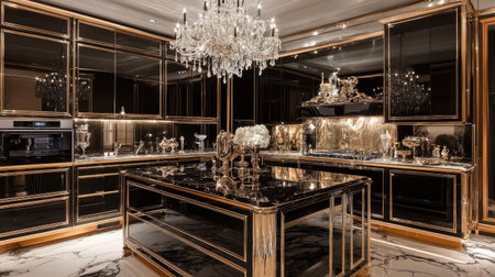 A glamorous luxury kitchen with mirrored cabinetry, a crystal chandelier, and a gold-veined black marble island. Polished surfaces enhance the sense of opulence.の素材