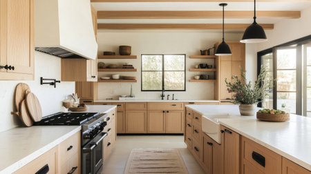 A luxury kitchen with Scandinavian-inspired design: light oak cabinets, a white terrazzo countertop, and sleek black appliances. Minimalistic yet warm and inviting.の素材