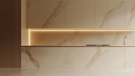 A minimalist luxury kitchen with hidden cabinetry, a seamless marble backsplash, and integrated appliances. A soft, neutral color palette exudes sophistication.の素材