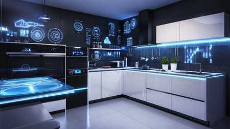 A luxury kitchen with smart home integration, featuring voice-controlled lighting, smart appliances, and touch-sensitive surfaces. A true blend of tech and style.の素材