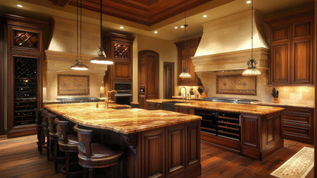 A high-end luxury kitchen featuring dual islands, one for food prep and another for dining, with hanging pendant lights. Built-in wine storage is elegantly displayed.の素材
