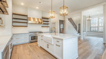 A spacious luxury kitchen with a modern farmhouse aesthetic: open shelving, a shiplap backsplash, and a large apron-front sink paired with brass fixtures.の素材