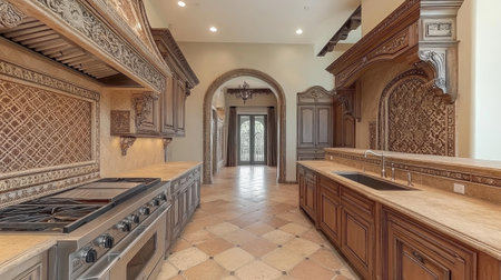 A luxury kitchen with a Mediterranean design: arched doorways, terracotta floors, and custom tile detailing on the backsplash and range hood.の素材