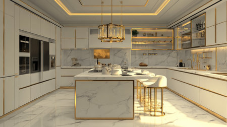 A modern luxury kitchen with white marble countertops, gold-accented fixtures, and high-end stainless steel appliances. A central island with bar stools and a chandelier above.の素材