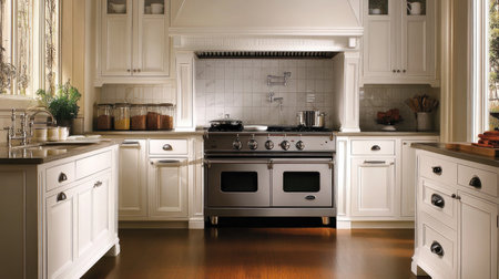 A timeless luxury kitchen with classic white cabinetry, dark wood floors, and a subway tile backsplash. A vintage-inspired range and pot filler add charm.の素材