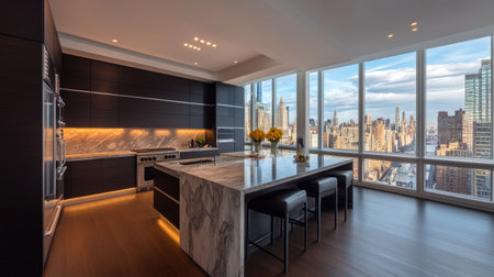 An open-concept luxury kitchen featuring dark wood cabinets, a sleek marble waterfall island, and recessed lighting. Large windows with a cityscape view.の素材