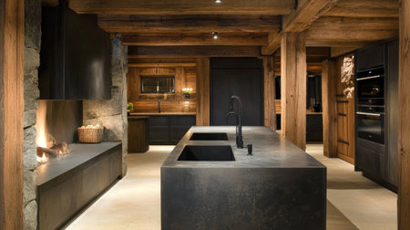 A rustic luxury kitchen combining reclaimed wood beams, a stone fireplace, and matte black fixtures. A farmhouse sink and modern appliances complete the look.の素材