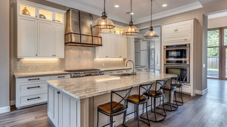 A luxury kitchen with smart home integration, featuring voice-controlled lighting, smart appliances, and touch-sensitive surfaces. A true blend of tech and style.の素材