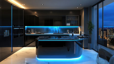 A luxury kitchen with a futuristic design: glossy black cabinetry, touch-screen appliances, and an underlit marble island. Soft ambient lighting creates a cozy atmosphere.の素材